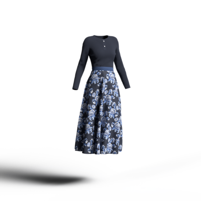 群青の花柄スカートにやや青みがかった黒のカットソーを合わせたコーディネート。モダンなカラーイメージ。
