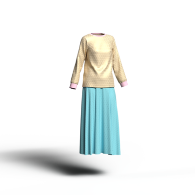 光沢のあるベージュのカットソーに穏やかな水色のスカートを合わせたコーディネート。ナチュラル&ゴージャスなカラーイメージ。