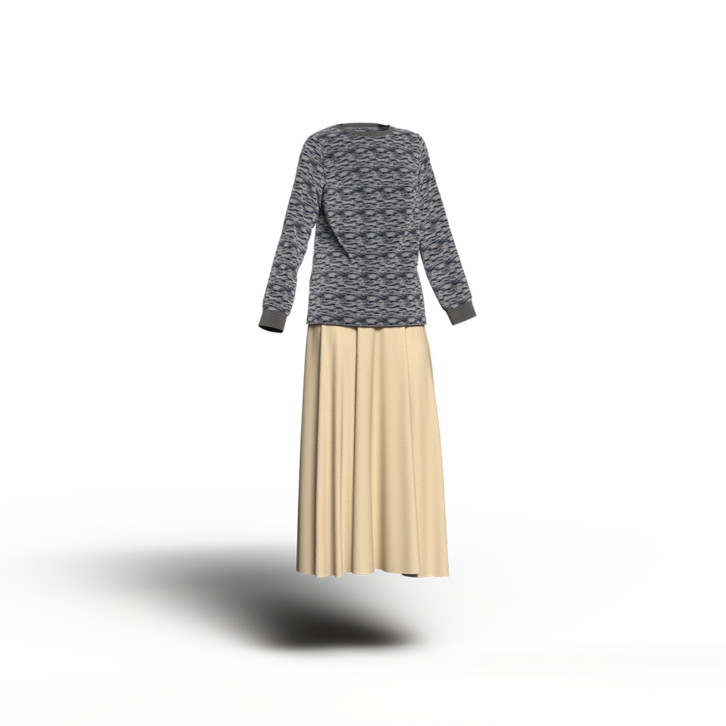 モノトーン柄の長袖にベージュスカートを合わせたコーディネート。シックなカラーイメージ。
