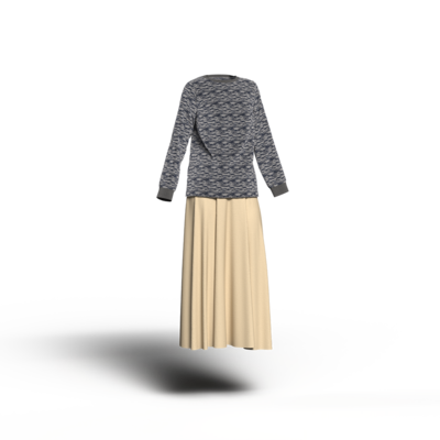モノトーン柄の長袖にベージュスカートを合わせたコーディネート。シックなカラーイメージ。