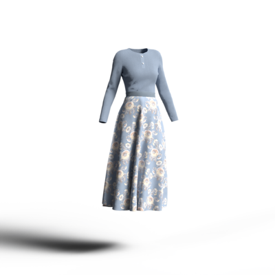 ブルーグレーの花柄スカートに単色のカットソーを合わせたコーディネート。シックなカラーイメージ。
