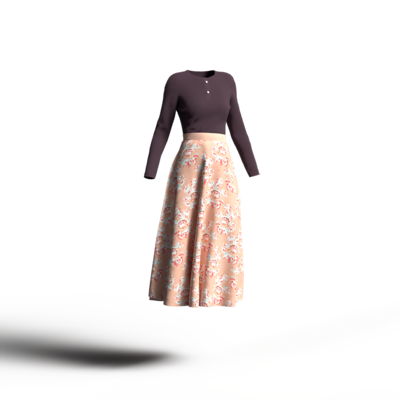 明るいピンクベージュの花柄スカートに単色のカットソーを合わせたコーディネート。ロマンチック＆クラシックなカラーイメージ。
