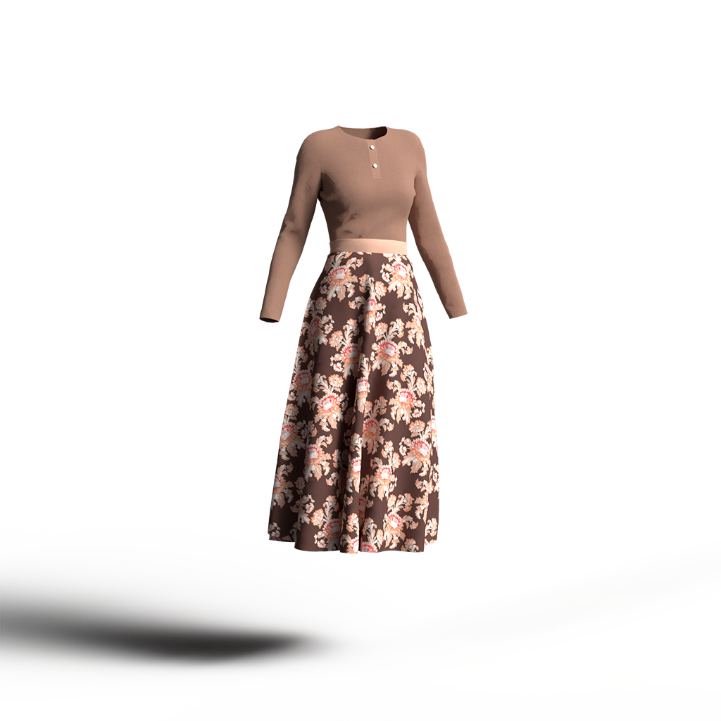 ブラウン系の花柄スカートに穏やかなベージュのカットソーを合わせたコーディネート。ナチュラル＆カジュアルなカラーイメージ。