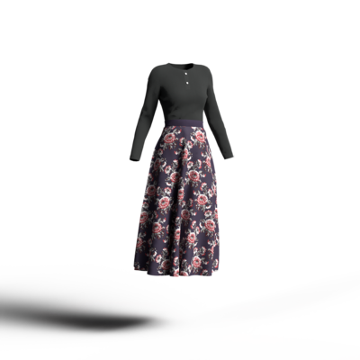 パープルの花柄スカートにブラックのカットソーを合わせたコーディネート。モダンなカラーイメージ。