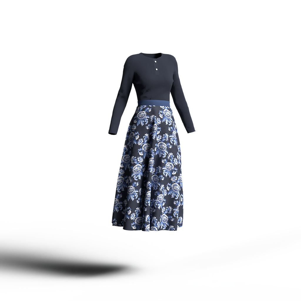 群青の花柄スカートにやや青みがかった黒のカットソーを合わせたコーディネート。モダンなカラーイメージ。