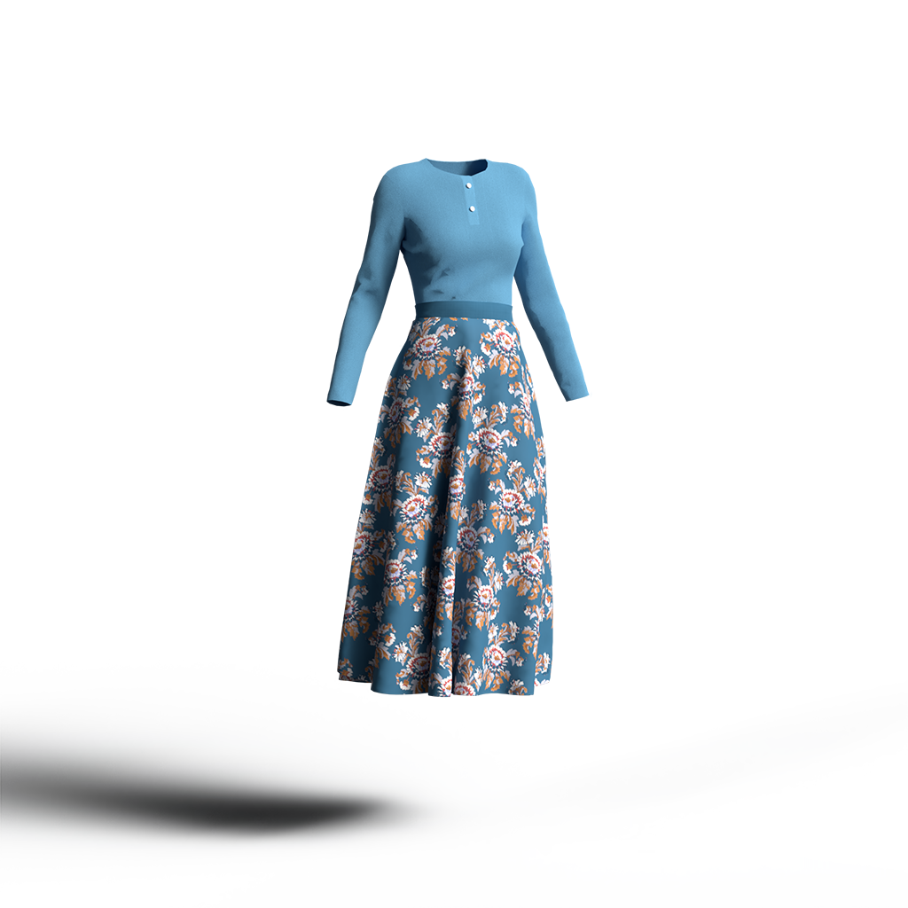 ターコイズの花柄スカートに同系色の明るいカットソーを合わせたコーディネート。クール＆カジュアルなカラーイメージ。