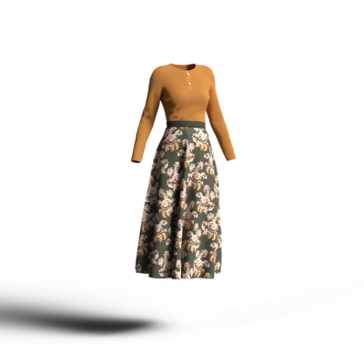 オリーブの花柄スカートにからし色カットソーを合わせたコーディネート。ナチュラルなカラーイメージ。