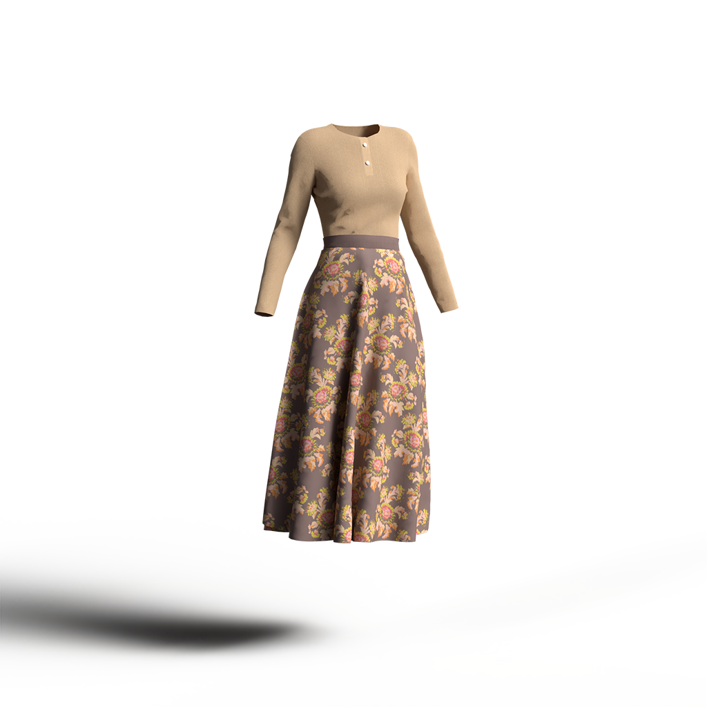 明るいブラウンの花柄スカートにベージュのカットソーを合わせたコーディネート。ナチュラルなカラーイメージ。