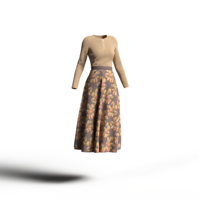 明るいブラウンの花柄スカートにベージュのカットソーを合わせたコーディネート。ナチュラルなカラーイメージ。