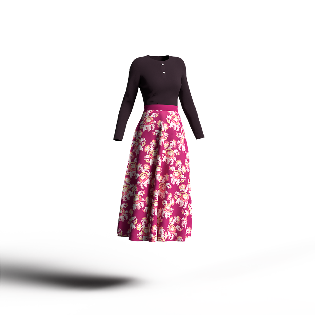 鮮やかな赤紫の花柄スカートに深い赤紫のカットソーを合わせたコーディネート。カジュアル＆モダンなカラーイメージ。