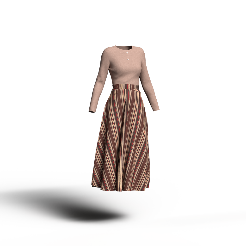 ブラウンをベースにレッドのラインも入ったストライプスカートに薄いあずき色のカットソーを合わせたコーディネート。カジュアル＆クラシックなカラーイメージ。