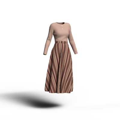 ブラウンをベースにレッドのラインも入ったストライプスカートに薄いあずき色のカットソーを合わせたコーディネート。カジュアル＆クラシックなカラーイメージ。