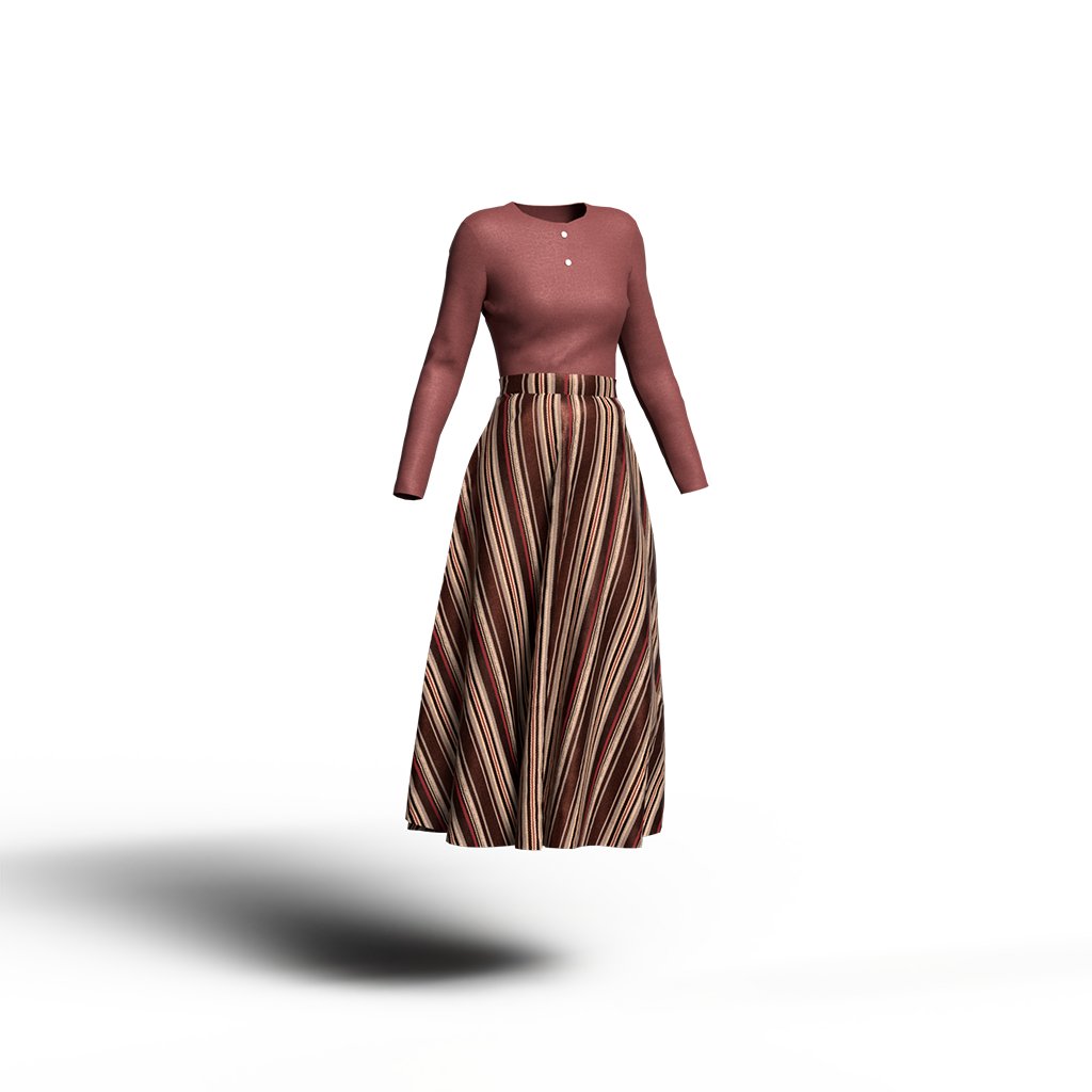 ブラウンをベースにレッドのラインも入ったストライプスカートに発色のよいディープレッドのカットソーを合わせたコーディネート。クラシックなカラーイメージ。