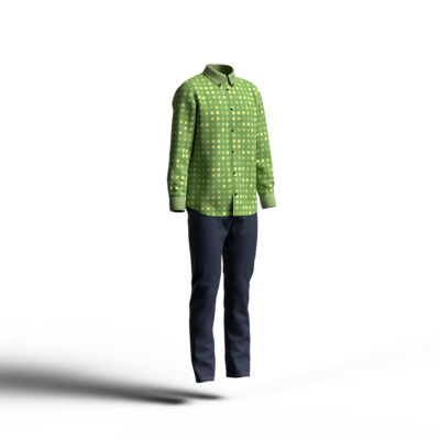 ジーンズに格子柄のグリーン系クレリックシャツを合わせたコーディネート。カジュアルなイメージ。