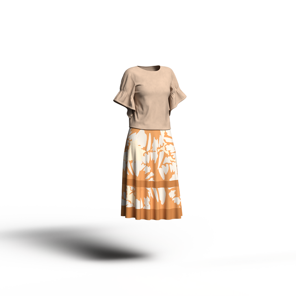 オレンジとホワイトの大胆な模様のスカートとベージュのコーディネート