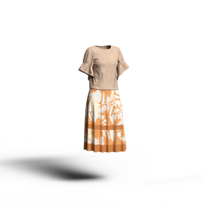 オレンジとホワイトの大胆な模様のスカートとベージュのコーディネート