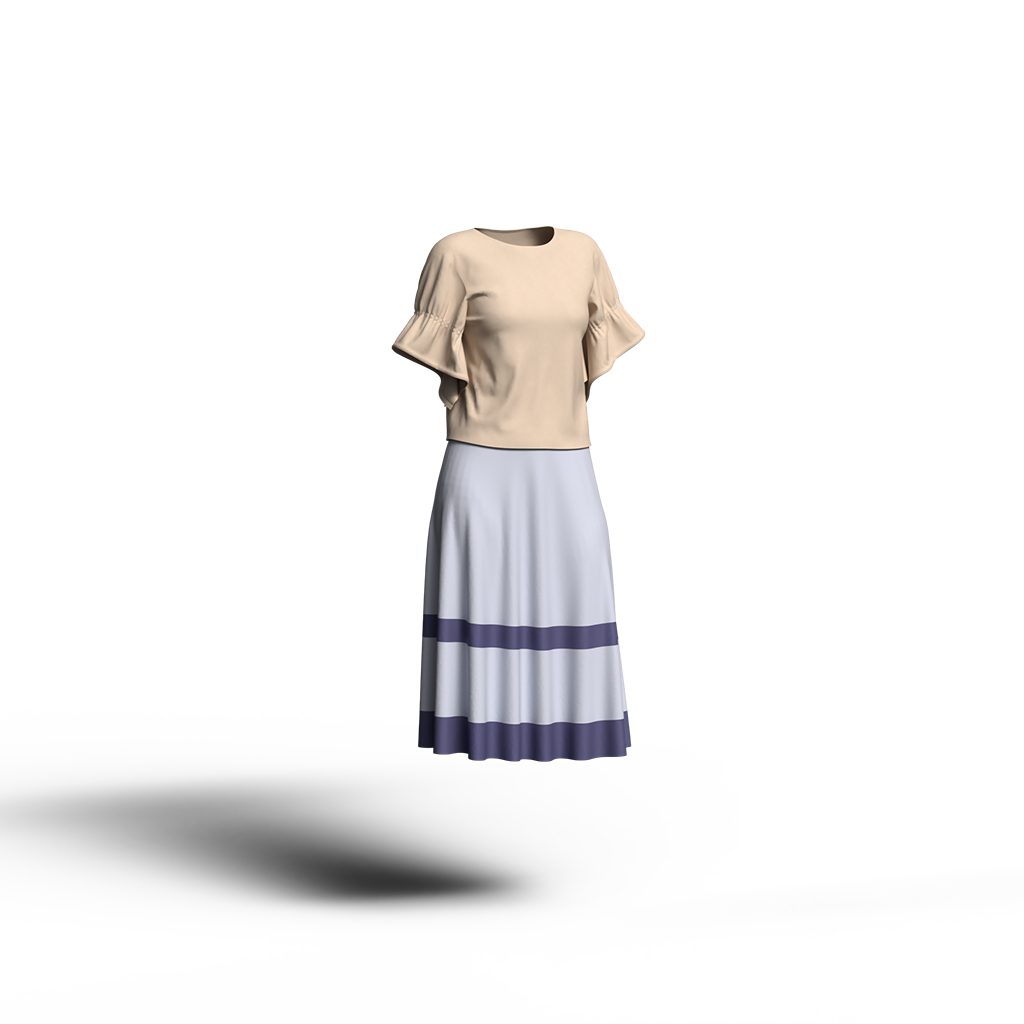 パープルのシンプルなトーンオントーン配色スカートとベージュのカラーコーディネート