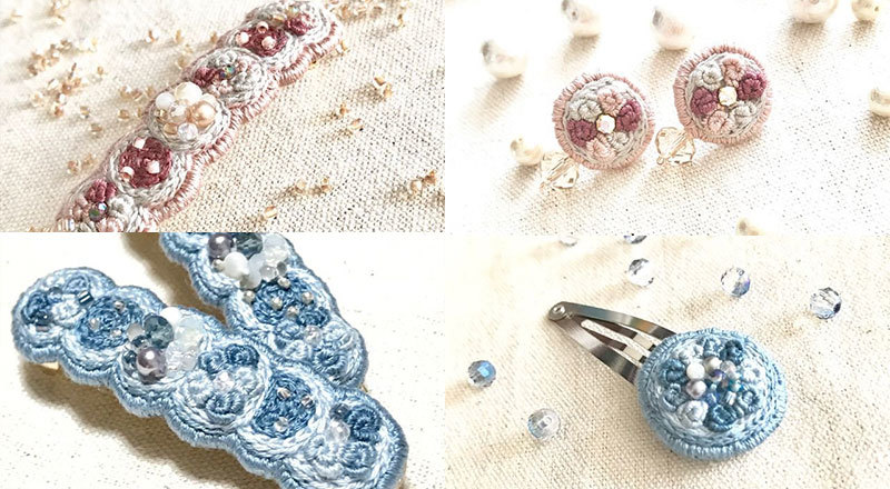 ハンドメイド作家、【あとりえ ら ぺーる】さんのビーズ刺繍作品「ももージュ」「ブルージュ」をご紹介! 色彩101®|カラーコーディネートと色彩学習 ハンドメイド イヤリング 桃色 桃 ビーズ