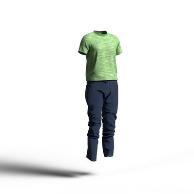 黄緑をベースにしたナチュラルなデザインのTシャツとジーンズのコーディネート。