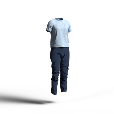 幾何学模様のTシャツ×ジーンズ。2022年トレンドカラーテーマ。