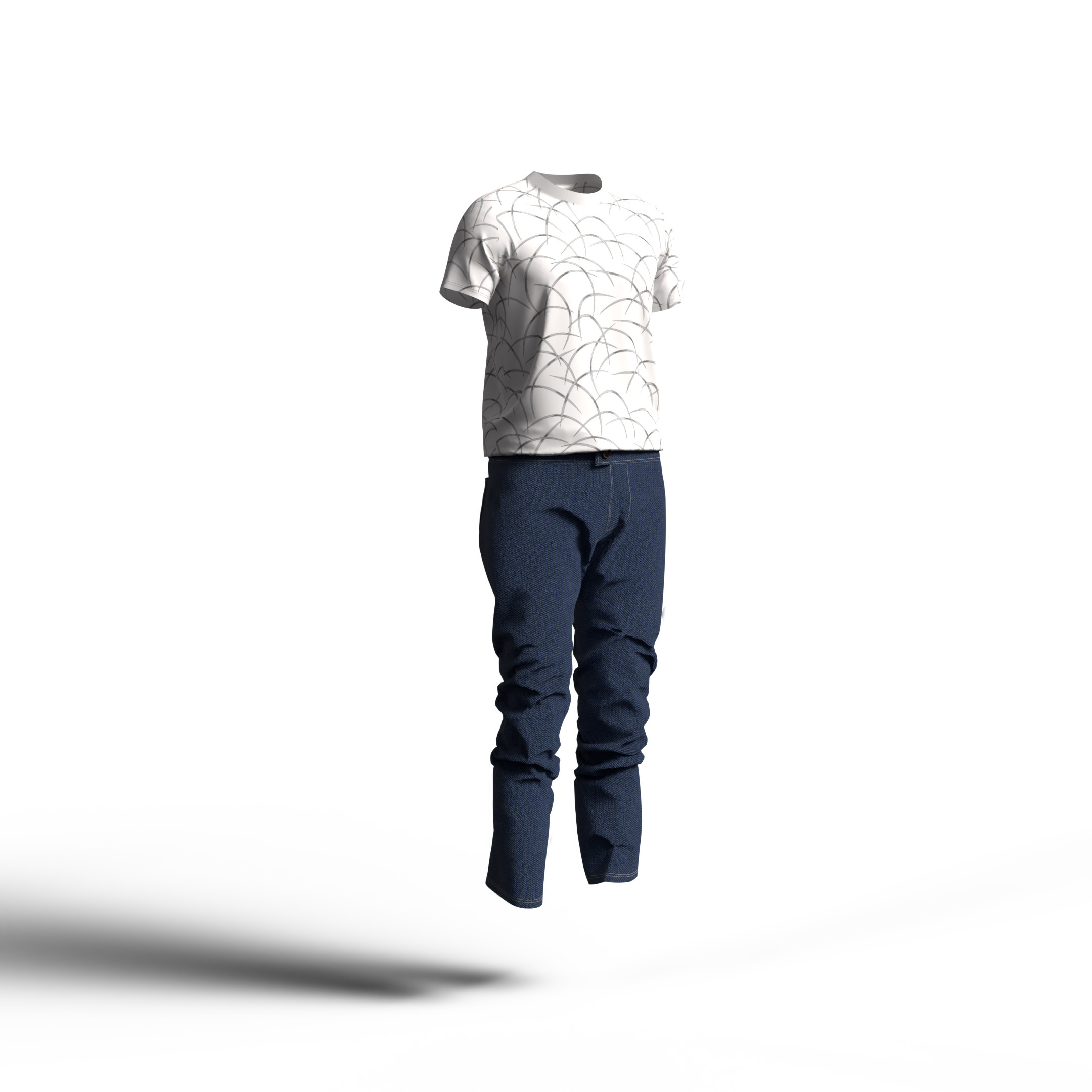 幾何学模様の白Tシャツ×ジーンズ。