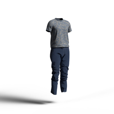 幾何学模様のTシャツ×ジーンズ。