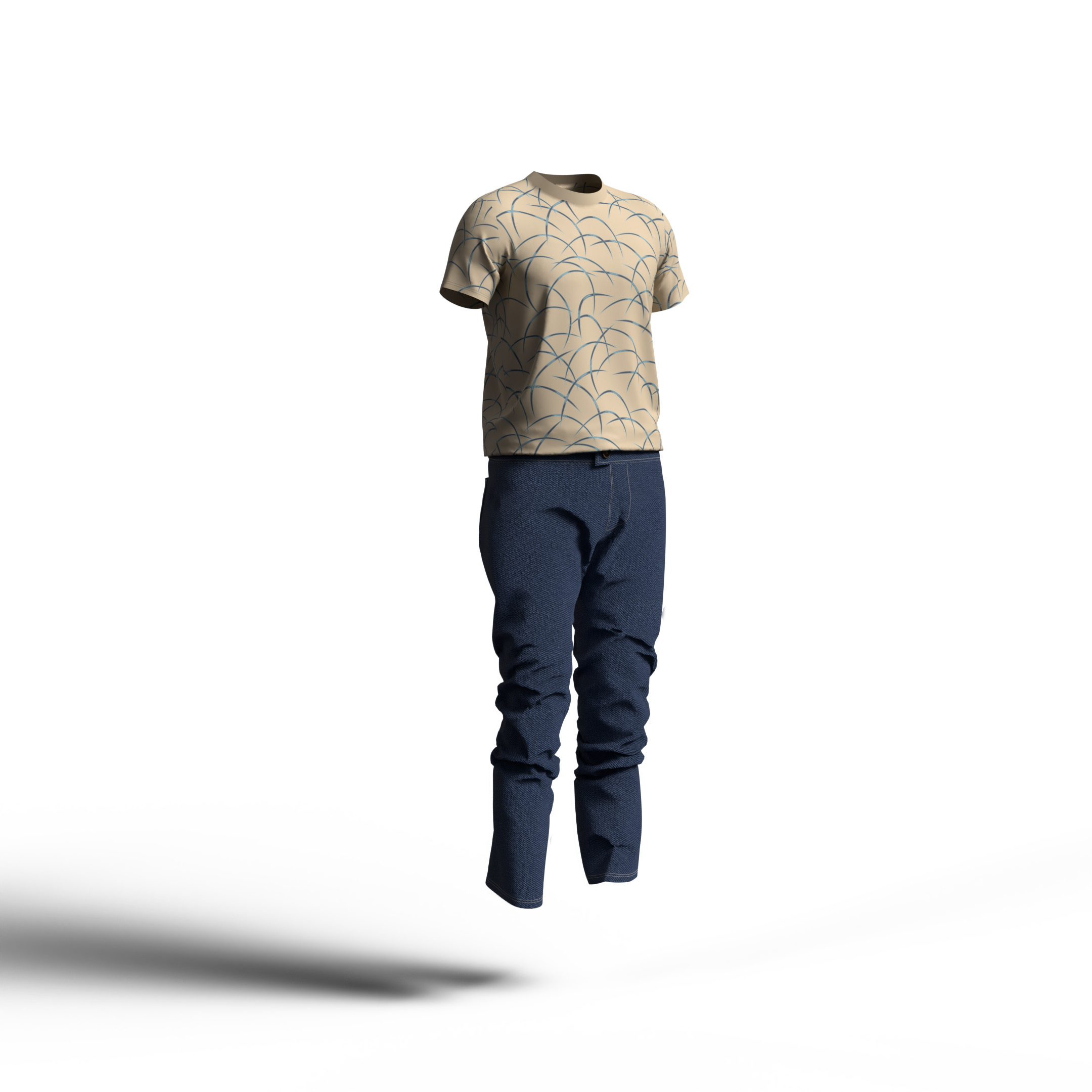 幾何学模様のTシャツ×ジーンズ。ナチュラル×ダンディイメージ。