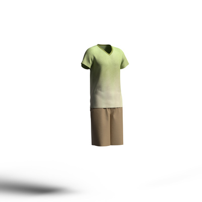 イエローグリーンのグラデーションTシャツとベージュのショートパンツ。ナチュラルなカラーイメージ。
