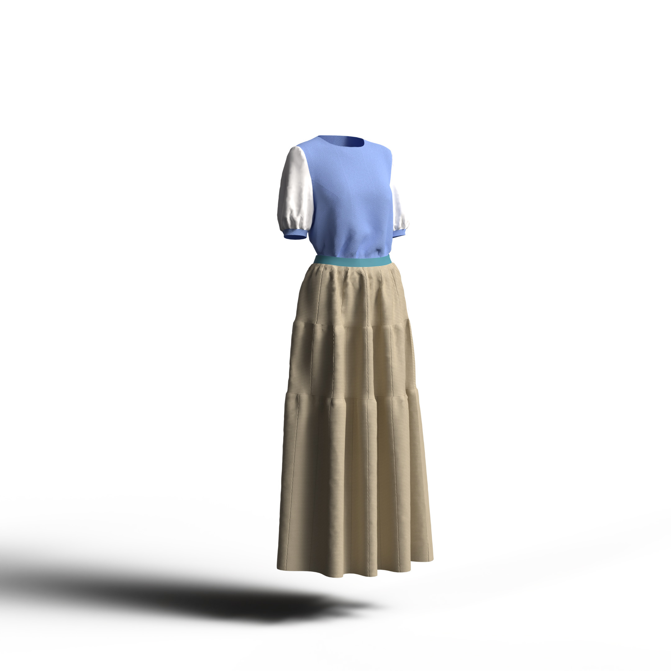 上品な青紫のトップスとベージュスカートのデザイン。ナチュラルなカラーイメージ