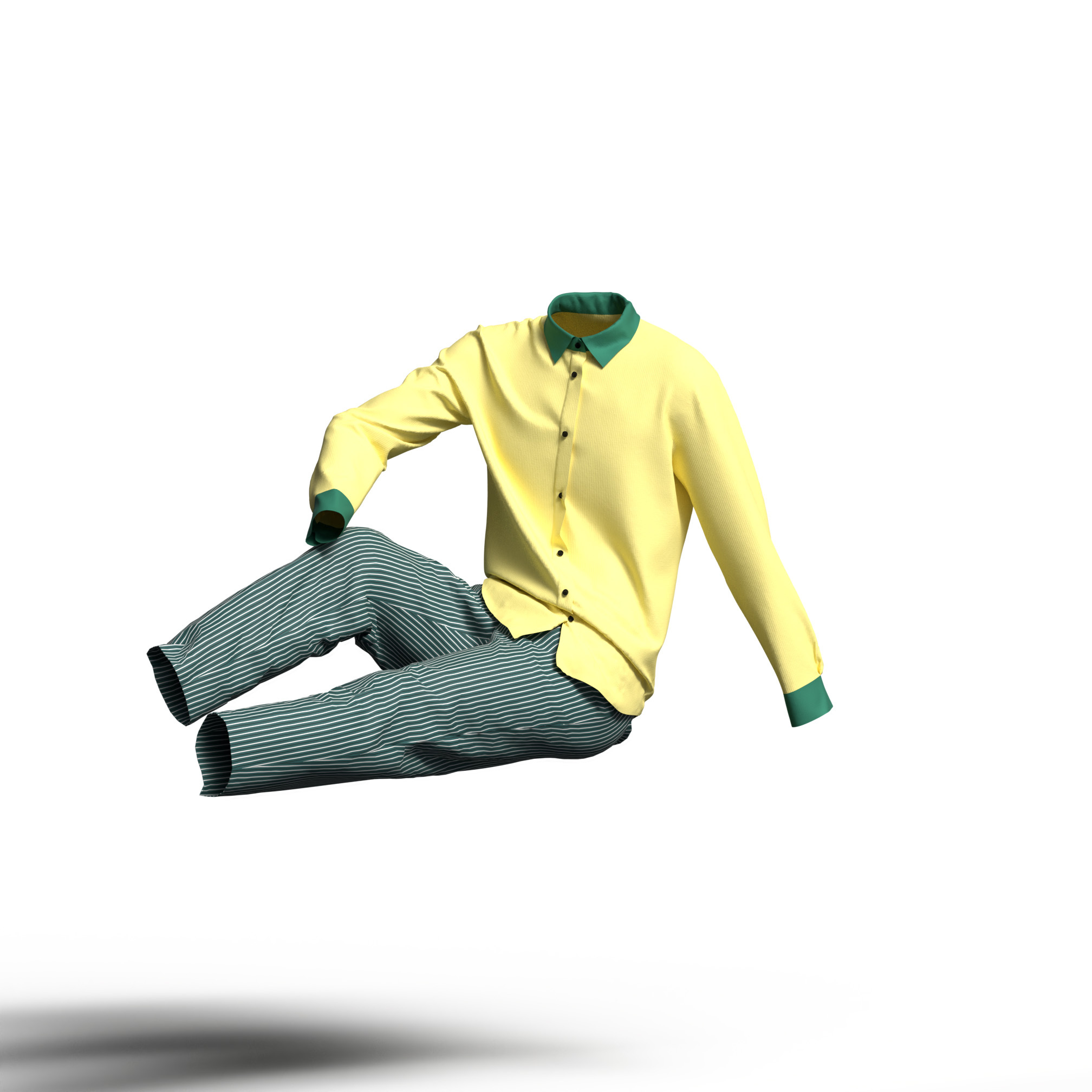 イエロー系のシャツとグリーンパンツのカラーコーディネート。カジュアルなカラーイメージ