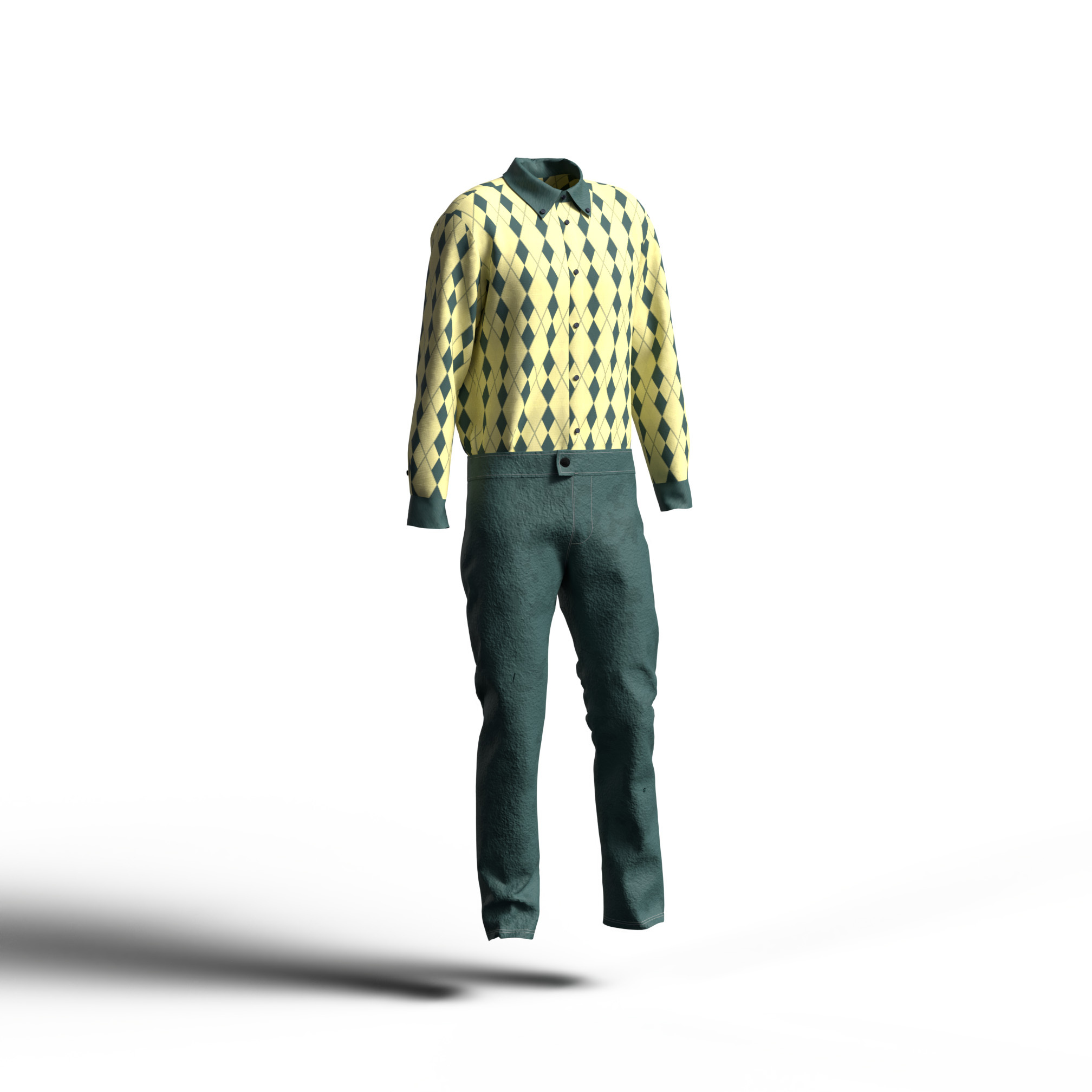 ダークグリーン×イエローシャツ＋ダークグリーンの迷彩模様パンツのカラーコーディネート。カジュアルなカラーイメージ。