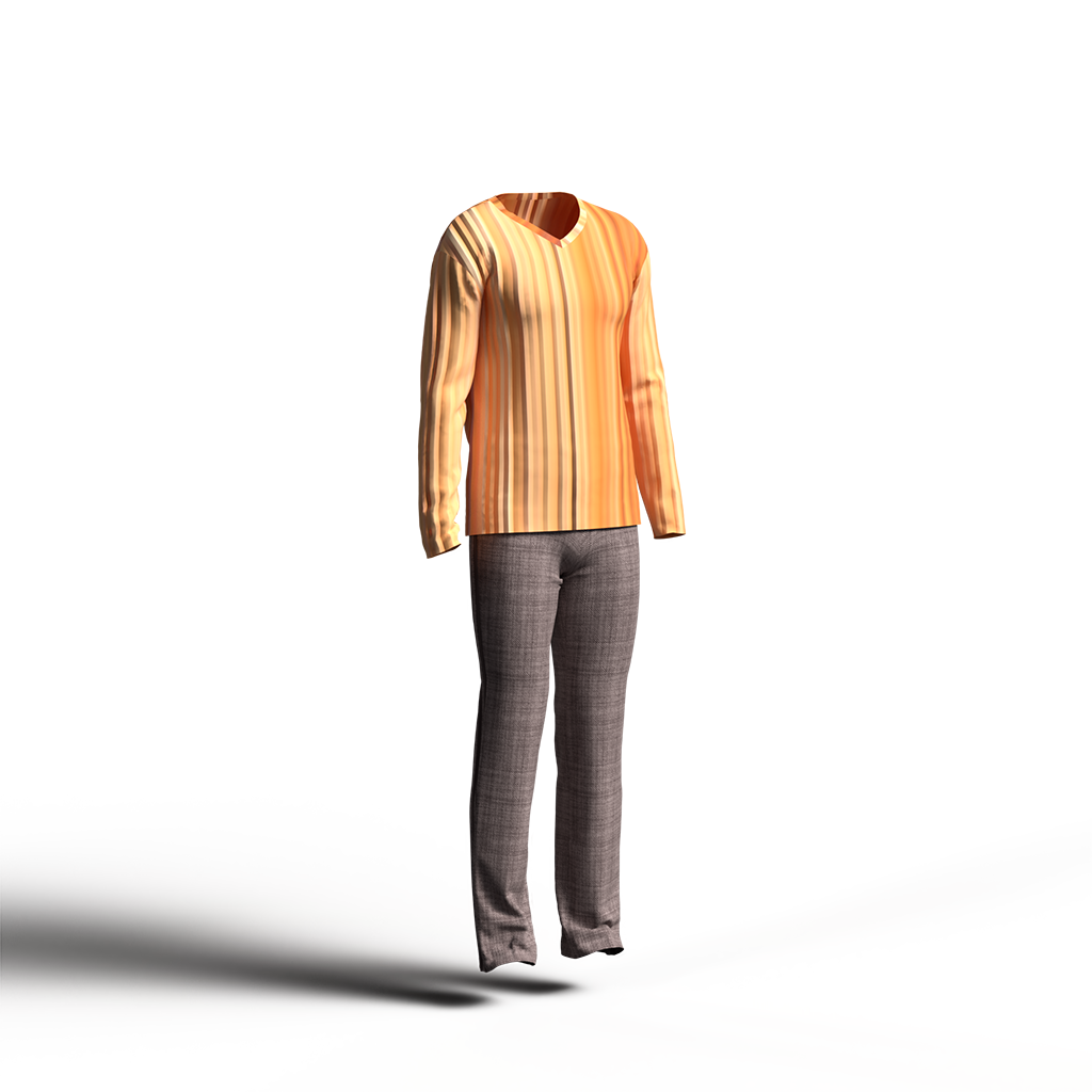オレンジ~レッドのグラデーションロングTシャツとくすみブラウンパンツのコーディネート。カジュアルなカラーイメージ。