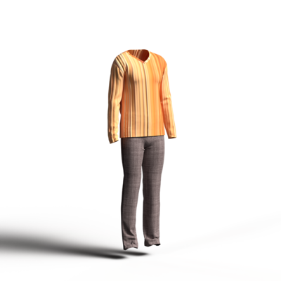 オレンジ～レッドのグラデーションロングTシャツとくすみブラウンパンツのコーディネート。カジュアルなカラーイメージ。