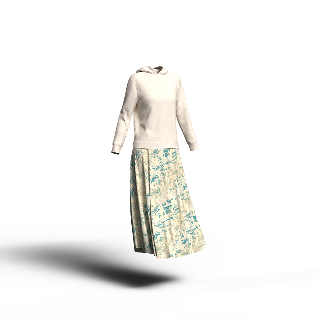 イエローベースの柄スカートと明るいベージュパーカーのコーディネート。ナチュラルなカラーイメージ。
