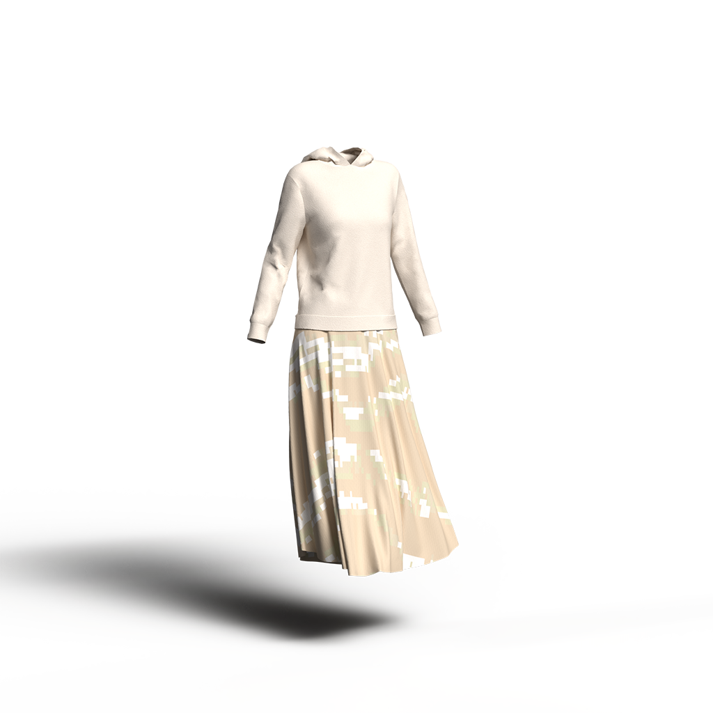 ベージュと白の幾何学模様スカートと明るいベージュパーカーのコーディネート。ナチュラルなカラーイメージ。