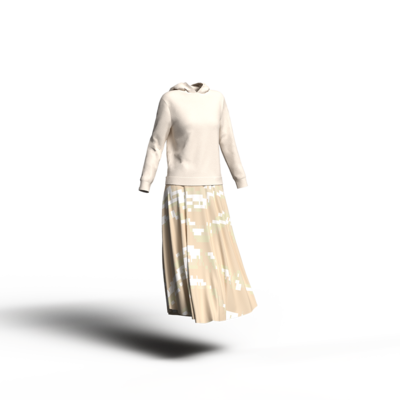 ベージュと白の幾何学模様スカートと明るいベージュパーカーのコーディネート。ナチュラルなカラーイメージ。