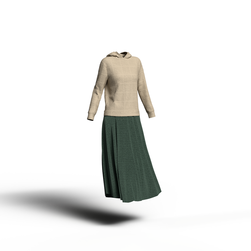 ディープグリーンスカートと穏やかなベージュパーカーのコーディネート。ナチュラルなカラーイメージ。