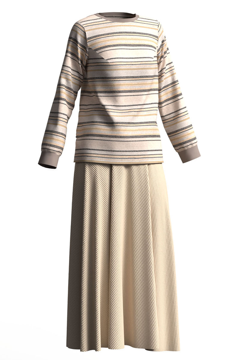 土星の縞模倣をモチーフにしたロングTシャツとスカートのカラーコーディネート
